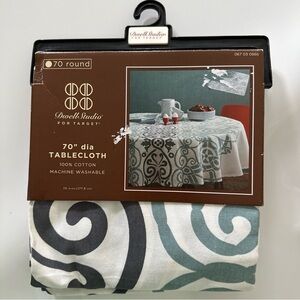 DWELL STUDIO 100% COTTON Round 70”TABLECLOTH Blue Green Gray Mediterranean *NEW*